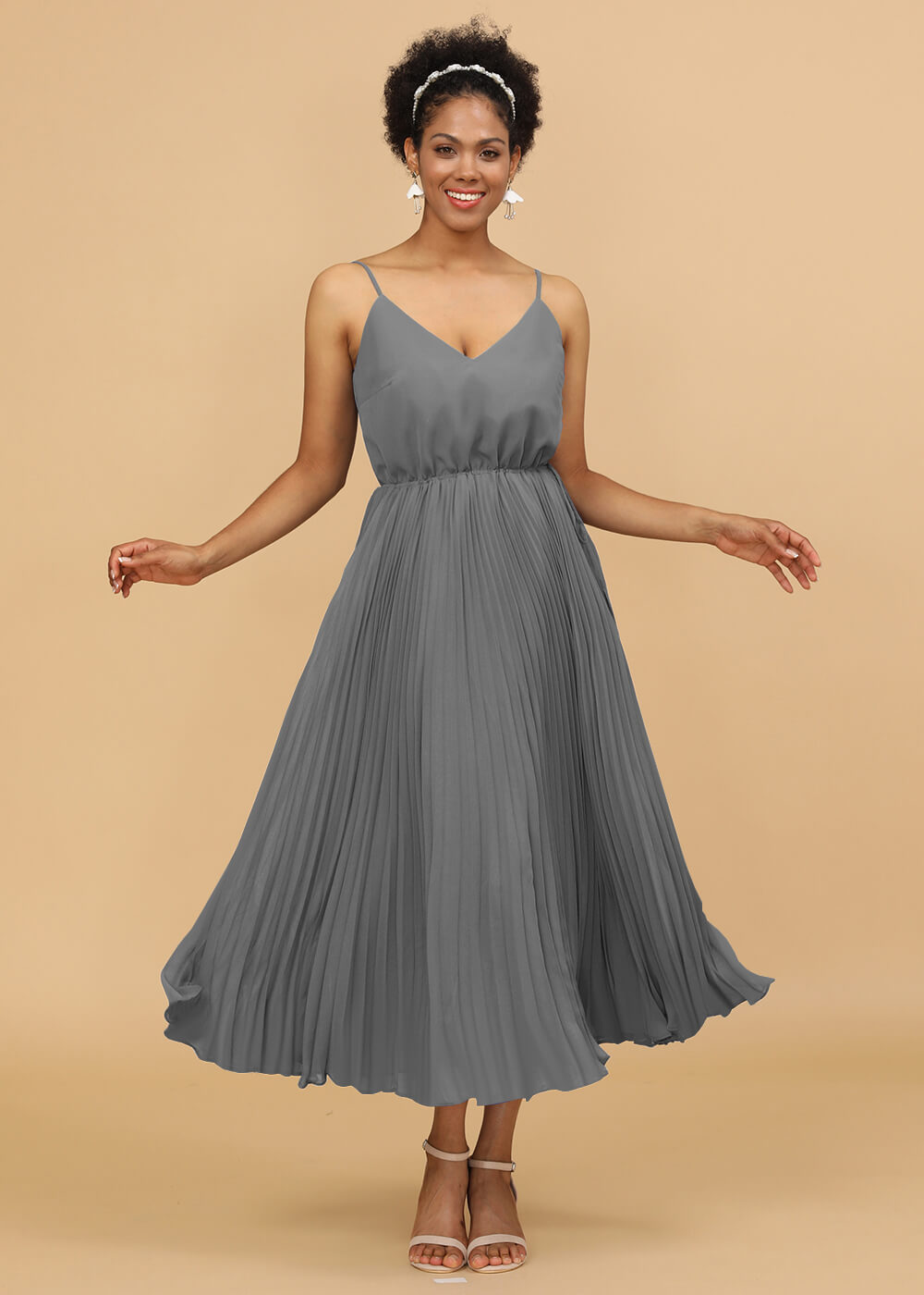 V-neck Spaghetti Strap Tea Length Bridesmaid Dress