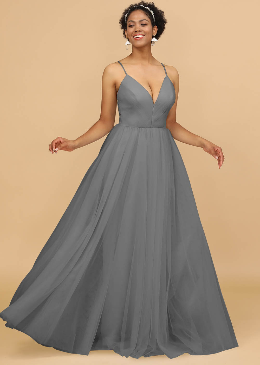 Deep V-neck Strap Tulle Bridesmaid Dress