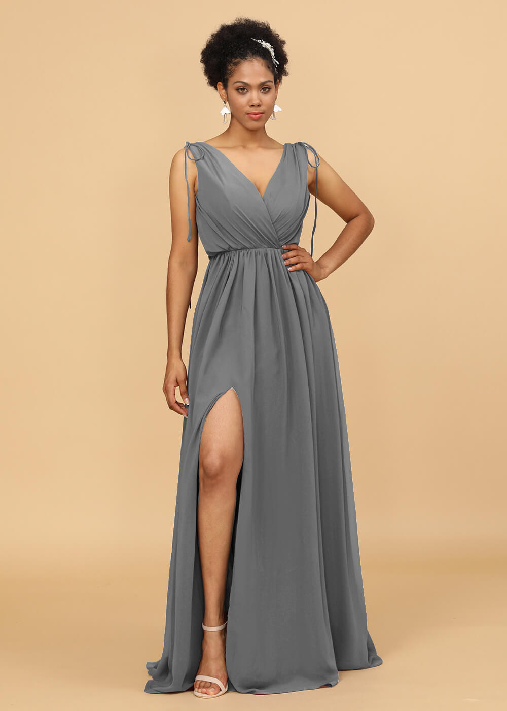 Long A-line V-neck Bridesmaid Dress with Slit