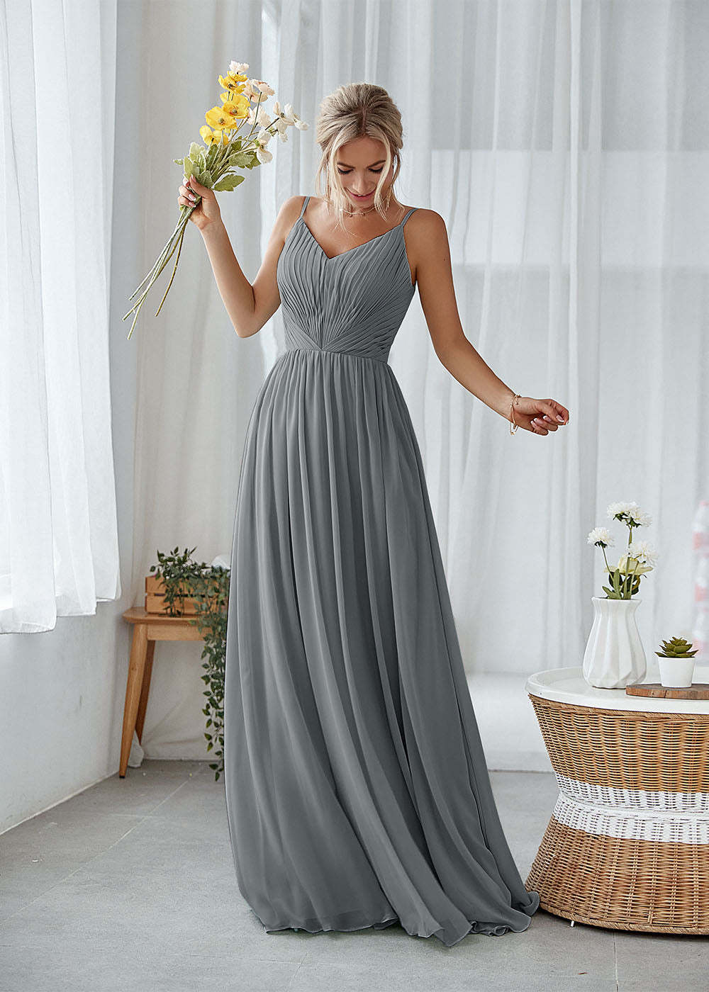 A-line V-neck Pleated Bridesmaid Dress