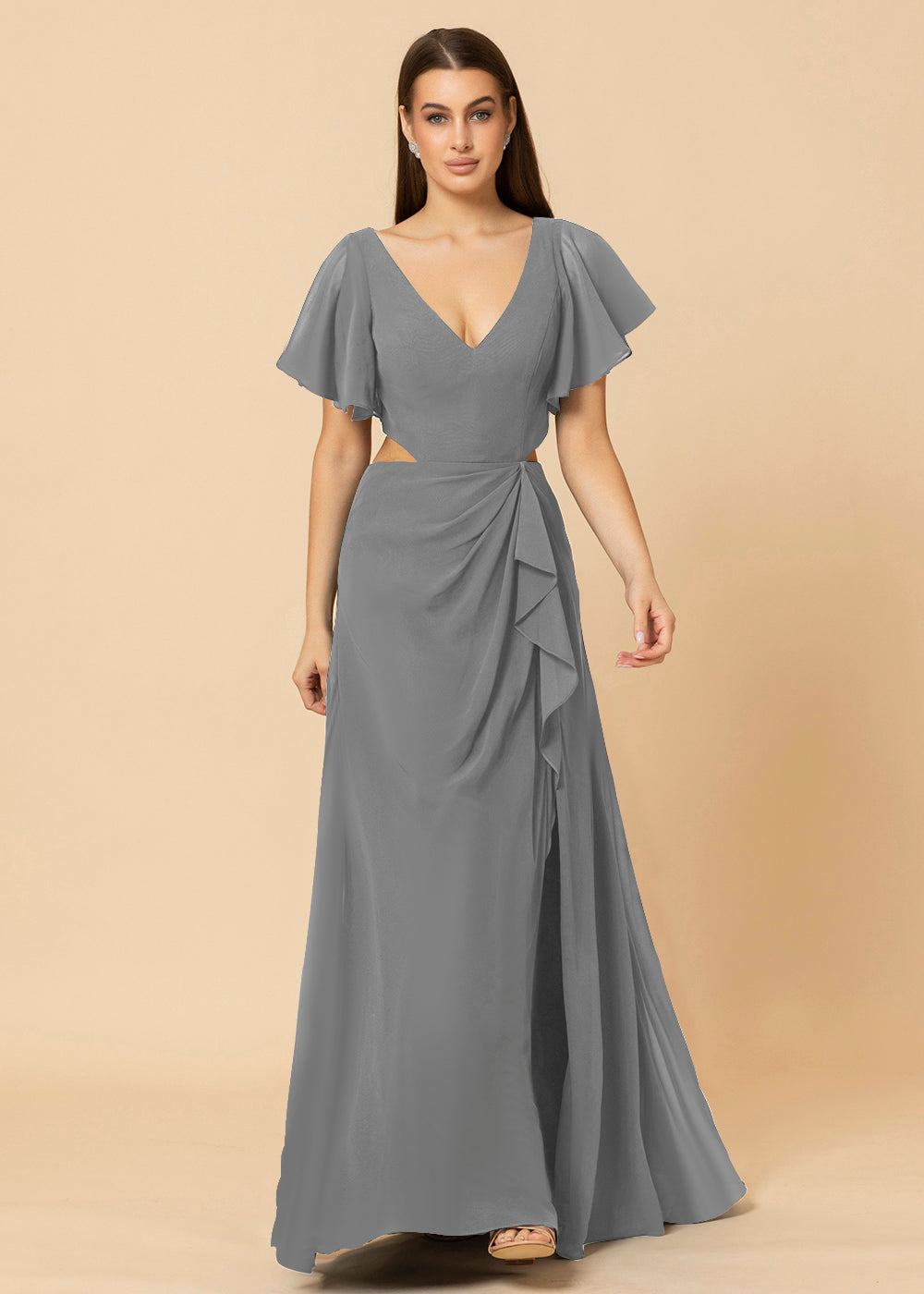 V-neck Waist Cut Out  Floor Length Bridesmaid Dress