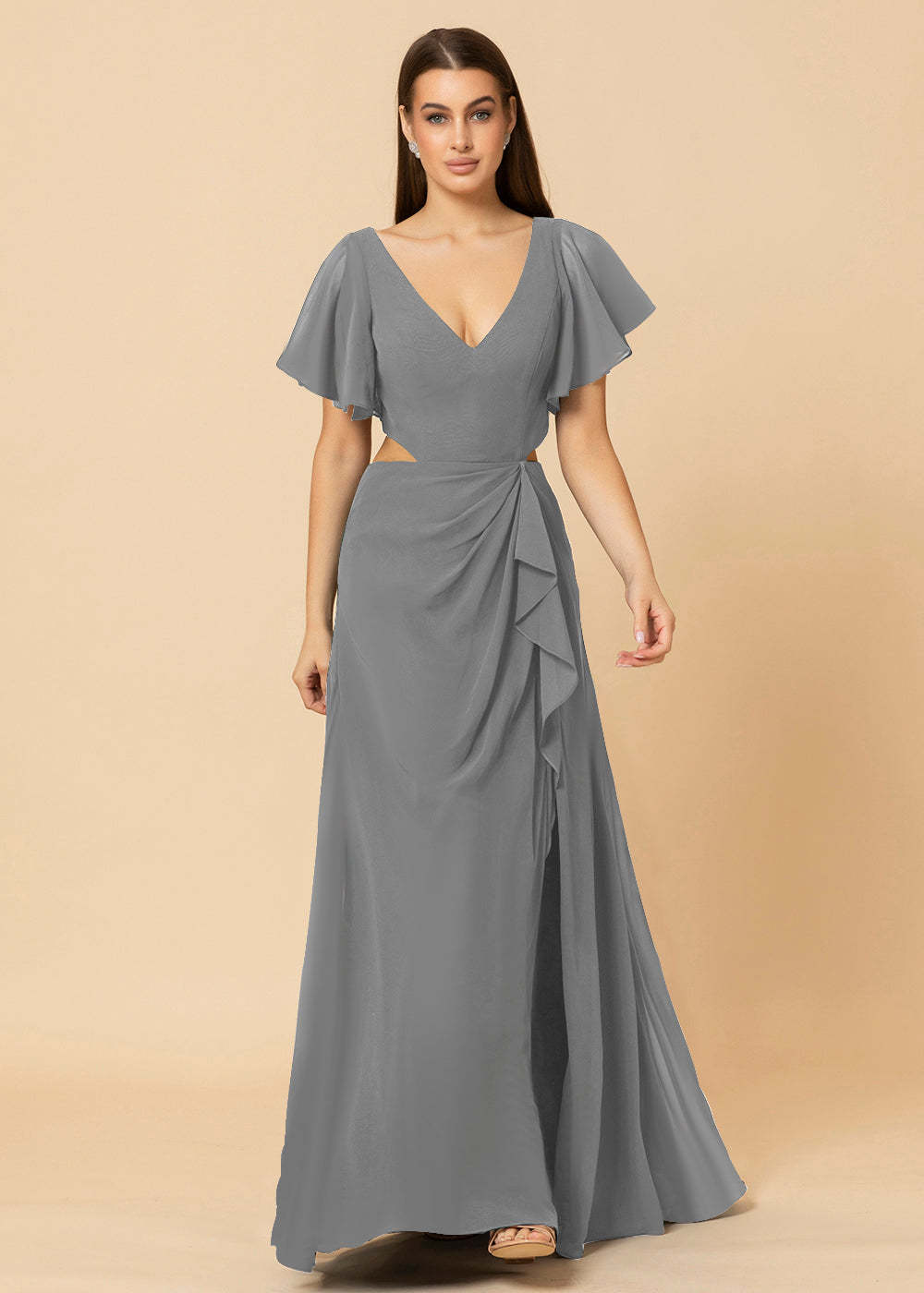 V-neck Waist Cut Out Floor Length Bridesmaid Dress