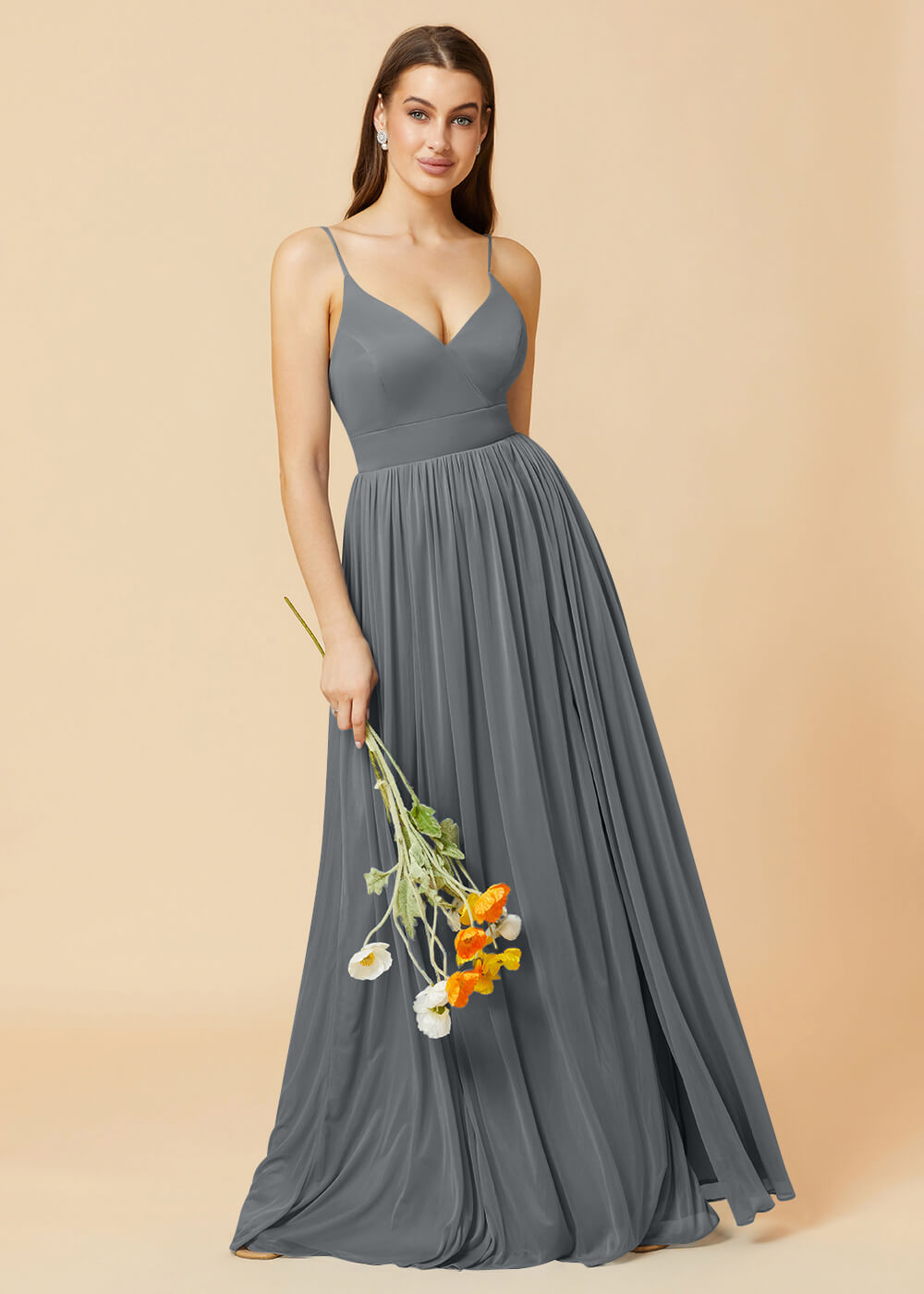 V-neck Spaghetti Strap Open Back Chiffon Bridesmaid Dress
