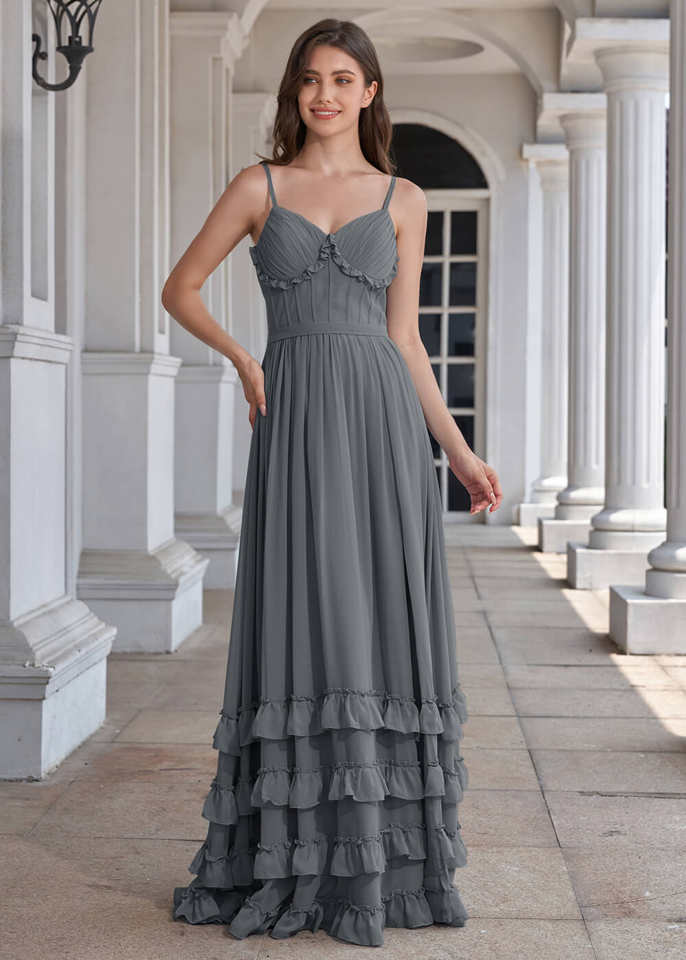 V-neck Open Back A-line Ruffles Chiffon Floor Length Bridesmaid Dress