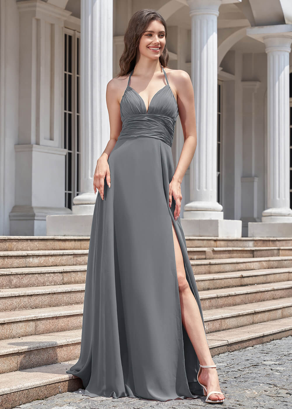 Deep V Halter Neck Pleated A-line Chiffon Long Bridesmaid Dress