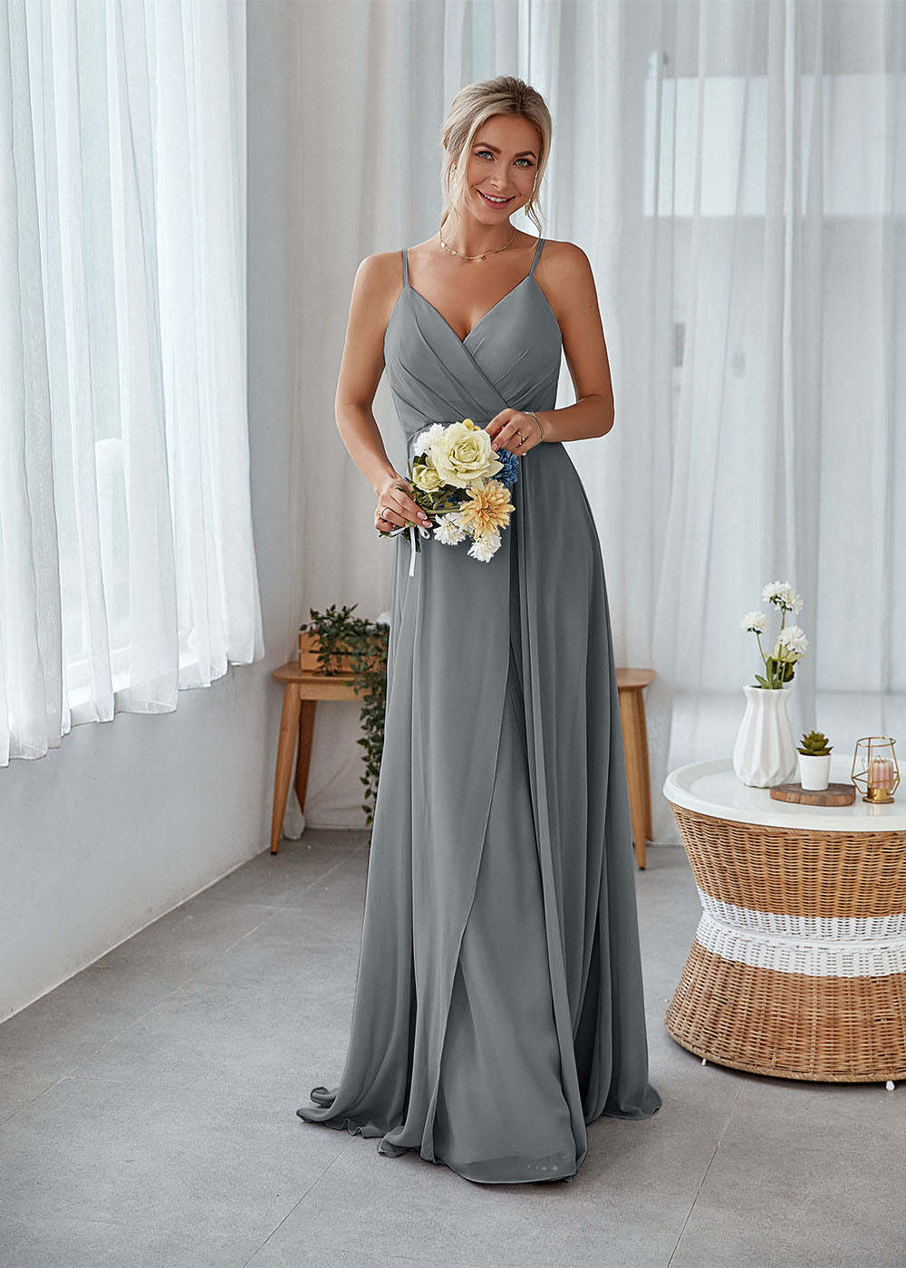 A-line Sleeveless Long Chiffon Bridesmaid Dress