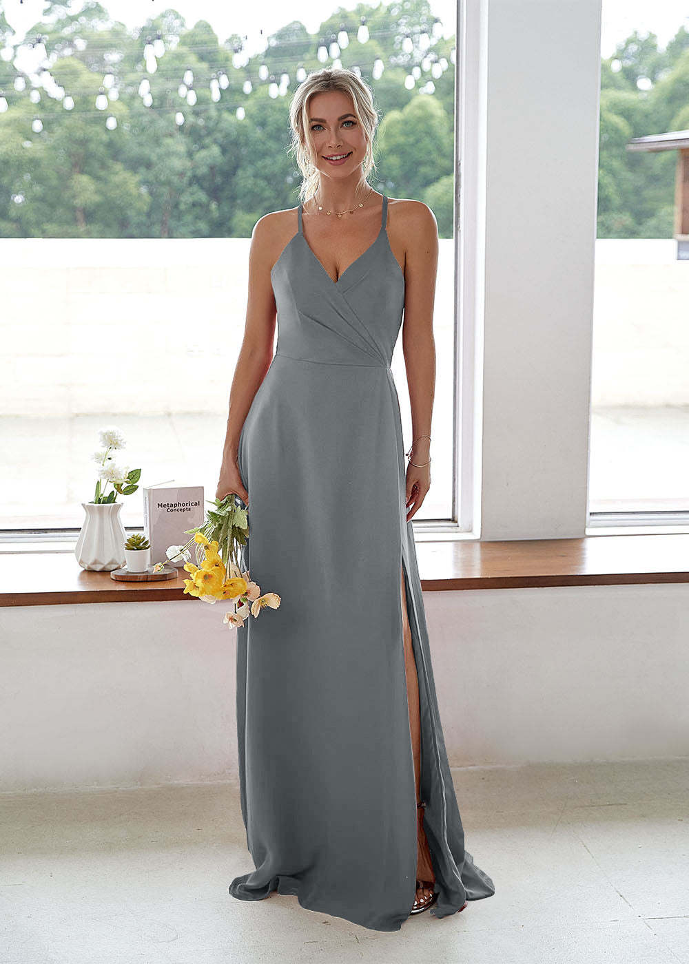 V-neck High Slit Bridesmaid Dress