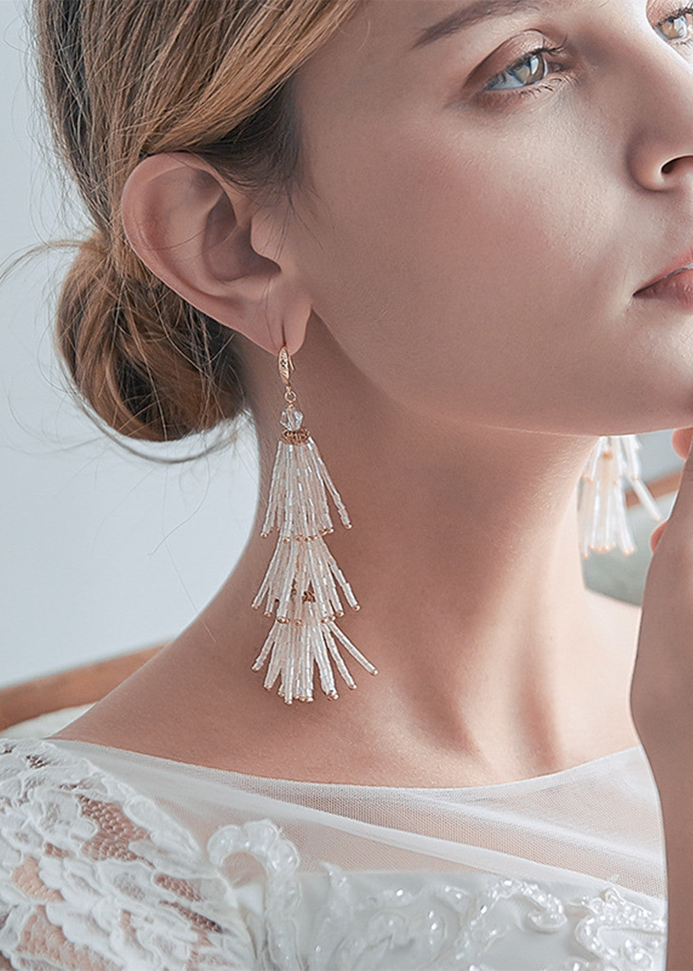 White Beaded Tassel Dangle Earrings