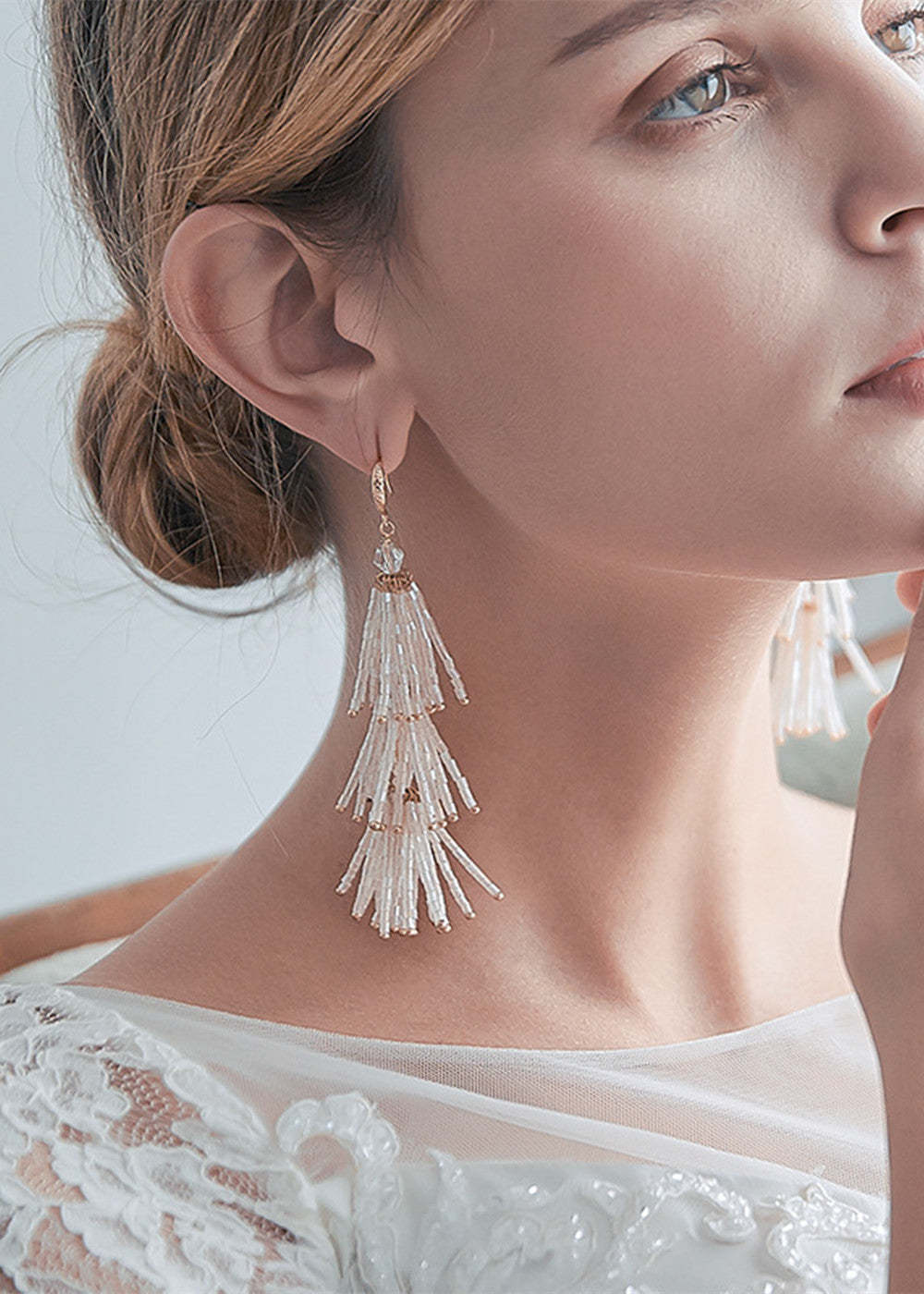 White Beaded Tassel Dangle Earrings