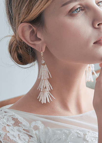 White Beaded Tassel Dangle Earrings