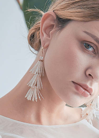 White Beaded Tassel Dangle Earrings
