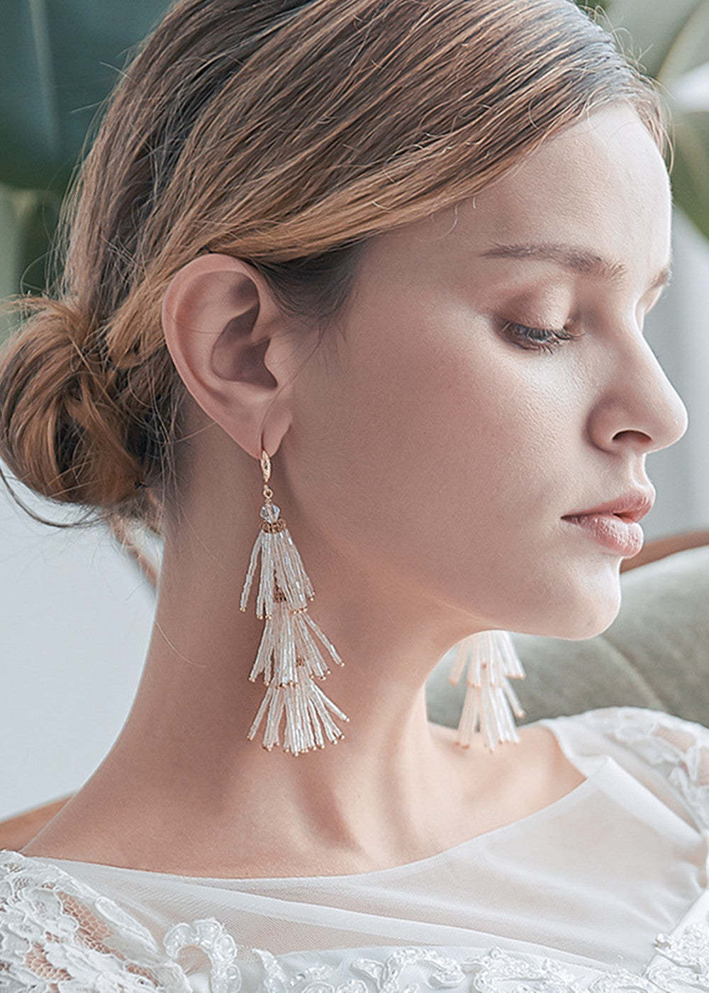 White Beaded Tassel Dangle Earrings