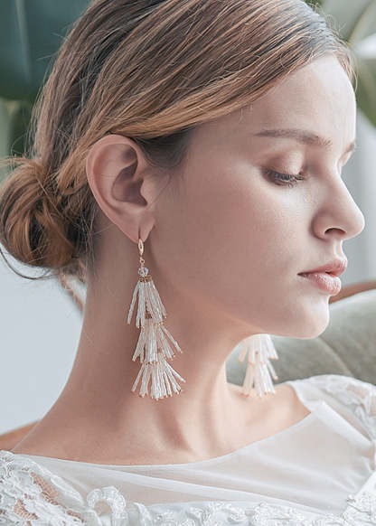 White Beaded Tassel Dangle Earrings