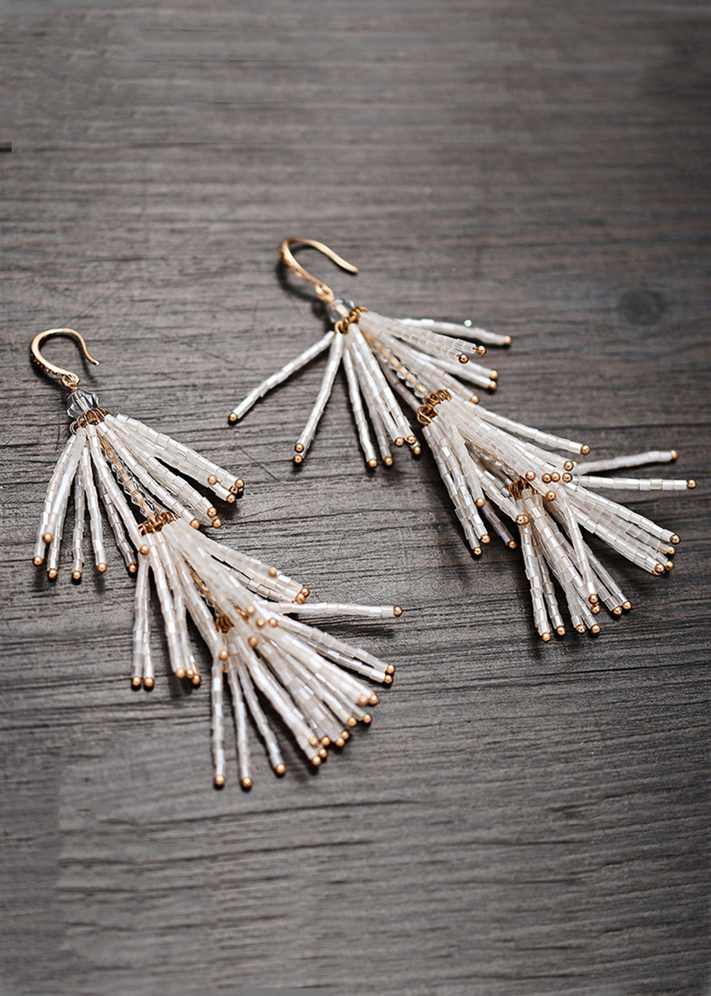 White Beaded Tassel Dangle Earrings