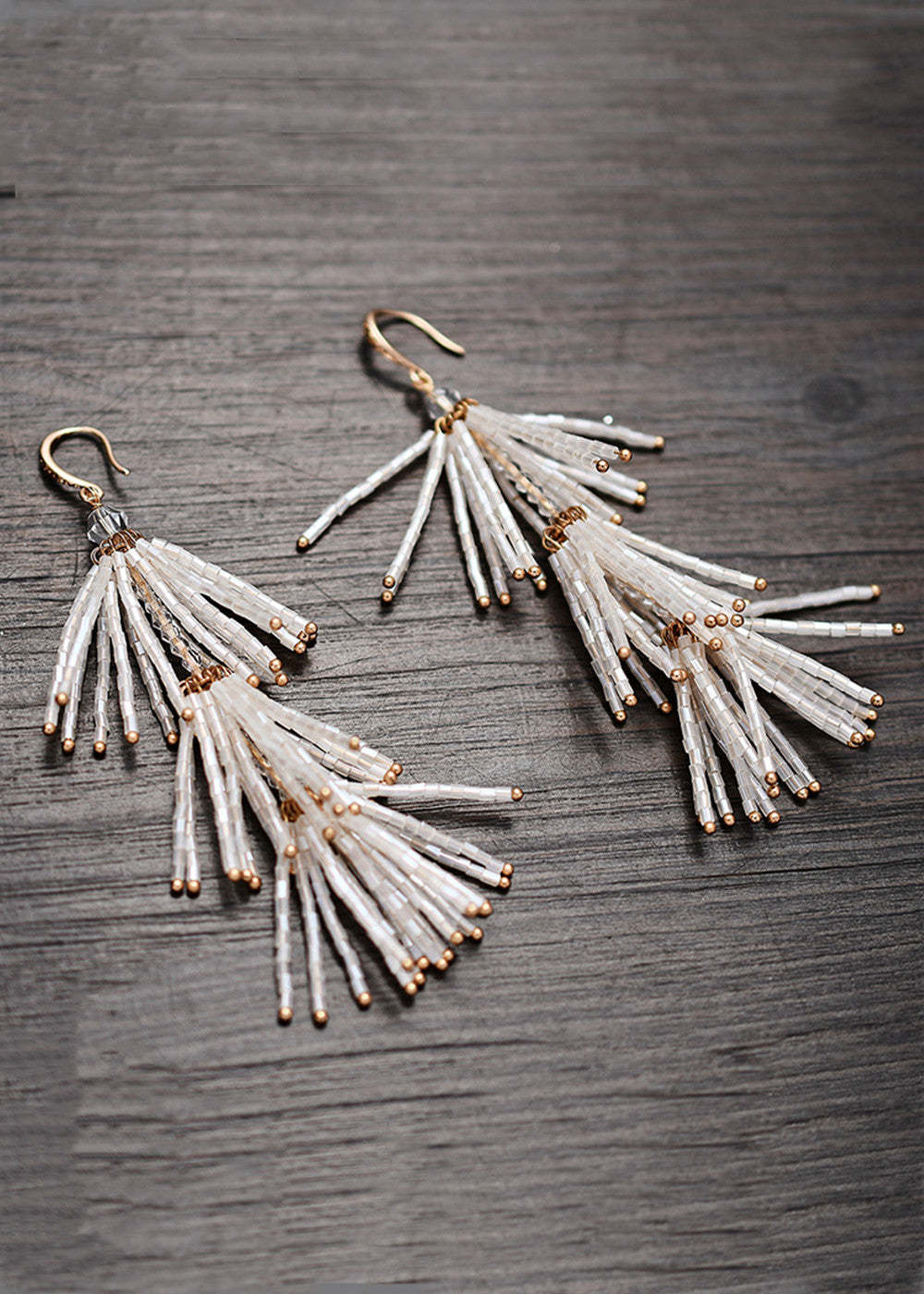 White Beaded Tassel Dangle Earrings