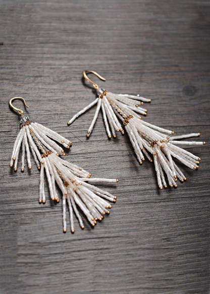 White Beaded Tassel Dangle Earrings