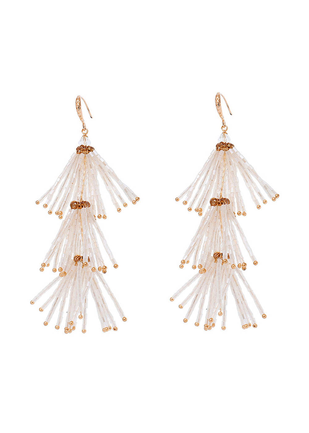 White Beaded Tassel Dangle Earrings