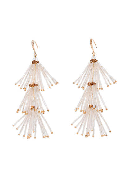 White Beaded Tassel Dangle Earrings