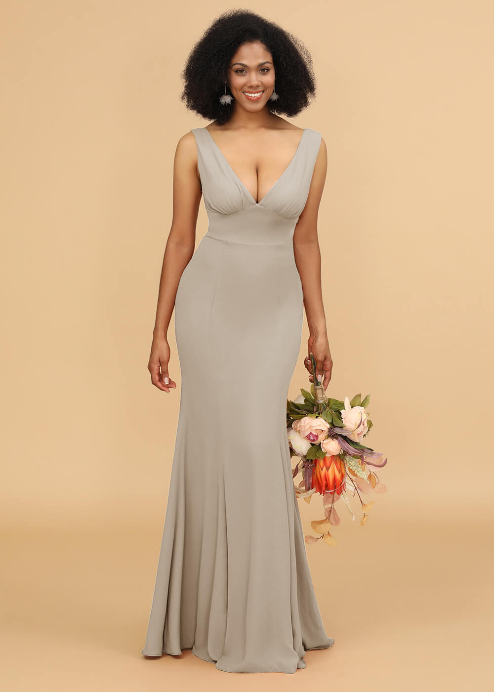 V-neck Trumpet Long Bridesmaid Dress