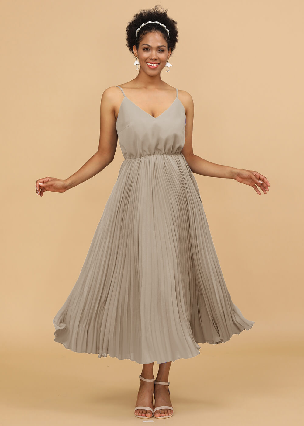 V-neck Spaghetti Strap Tea Length Bridesmaid Dress