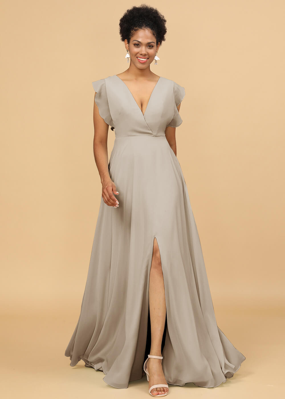 V-neck Ruffles Cap Sleeve Chiffon Bridesmaid Dress