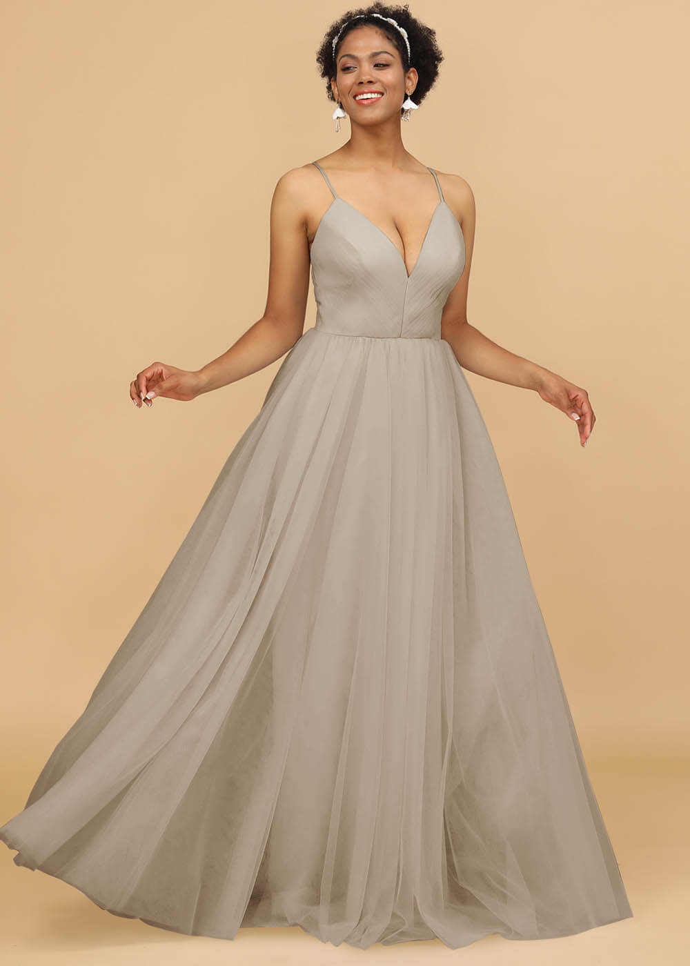 Deep V-neck Strap Tulle Bridesmaid Dress