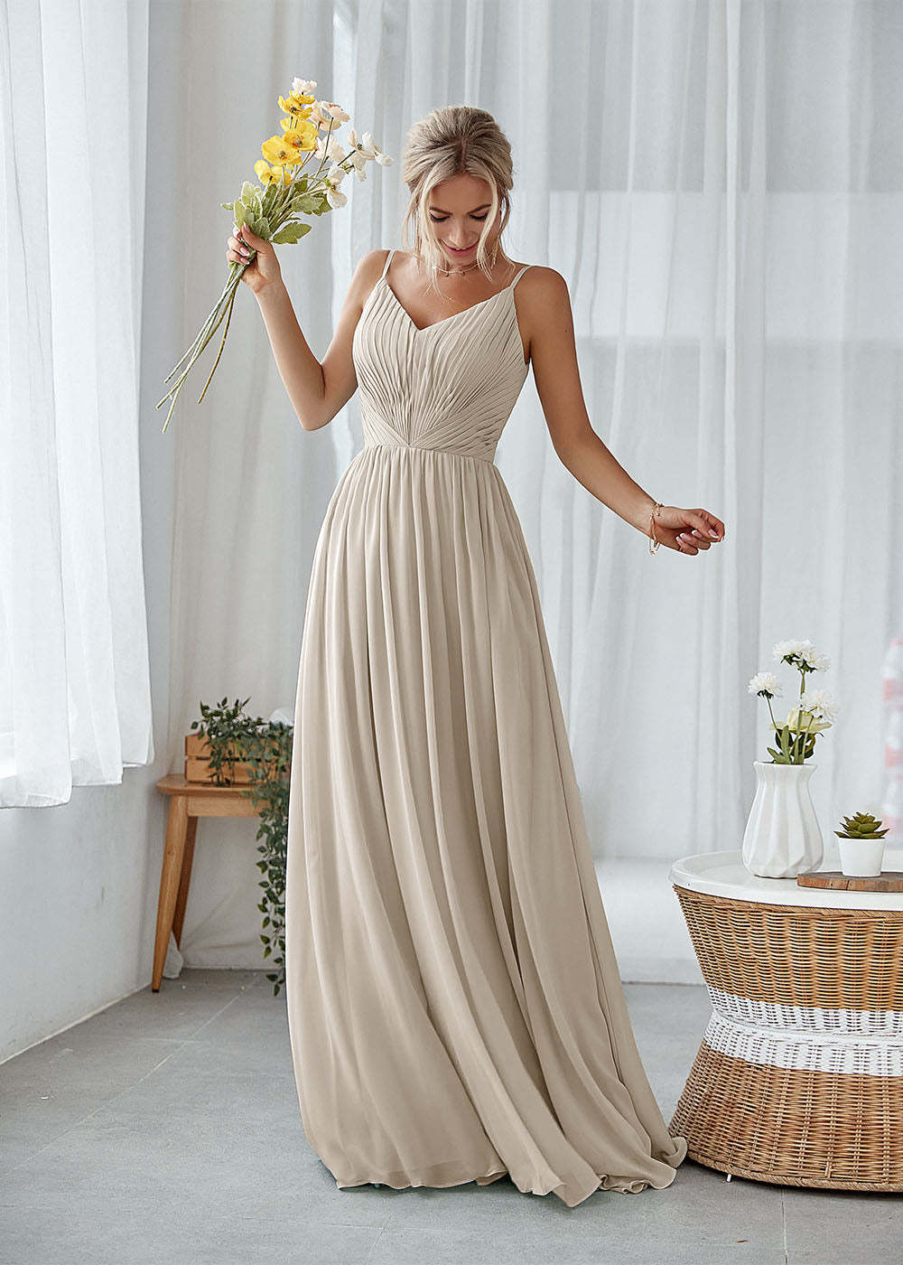 A-line V-neck Pleated Bridesmaid Dress