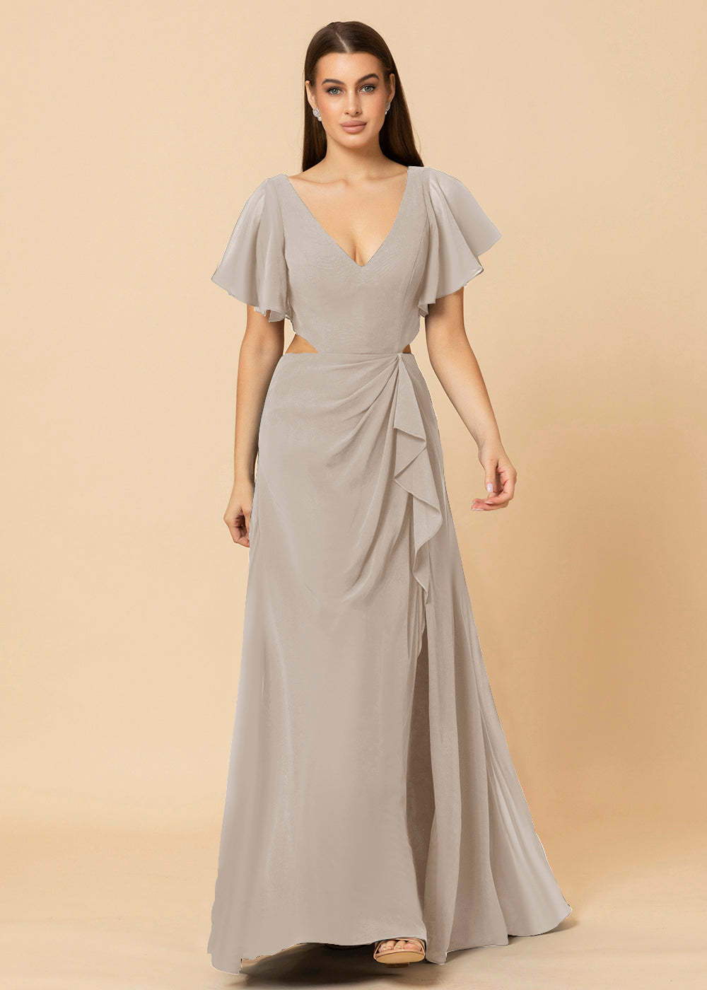 V-neck Waist Cut Out Floor Length Bridesmaid Dress