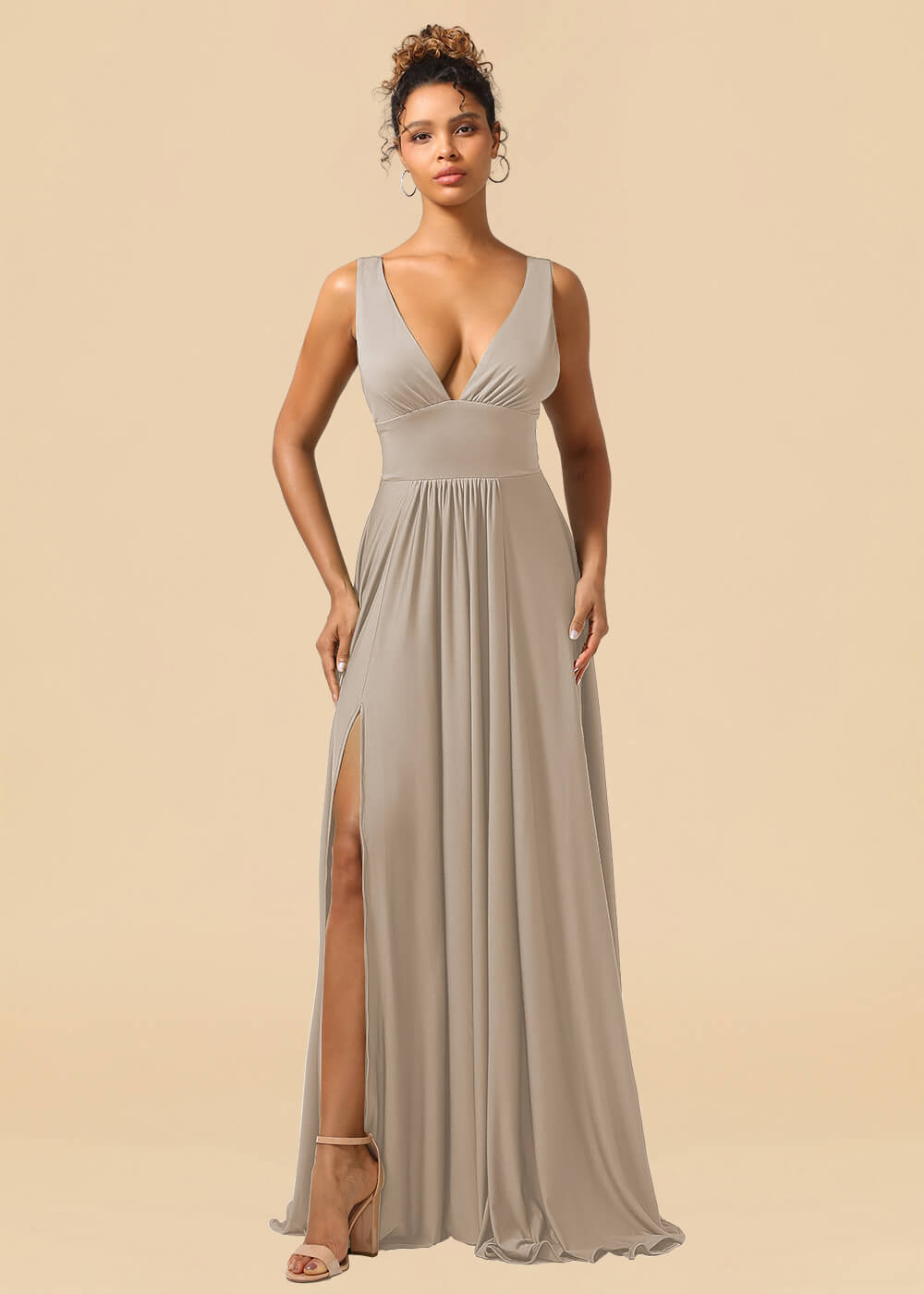 Deep V-neck Spandex A-line Maxi Bridesmaid Dress with Slit