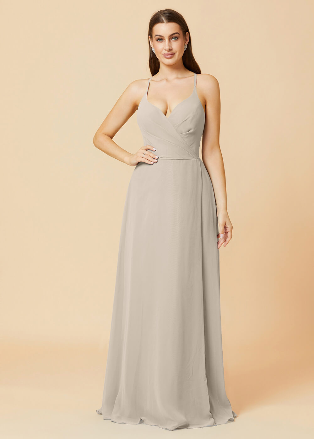 V-neck Spaghetti Strap Button Back Chiffon Bridesmaid Dress