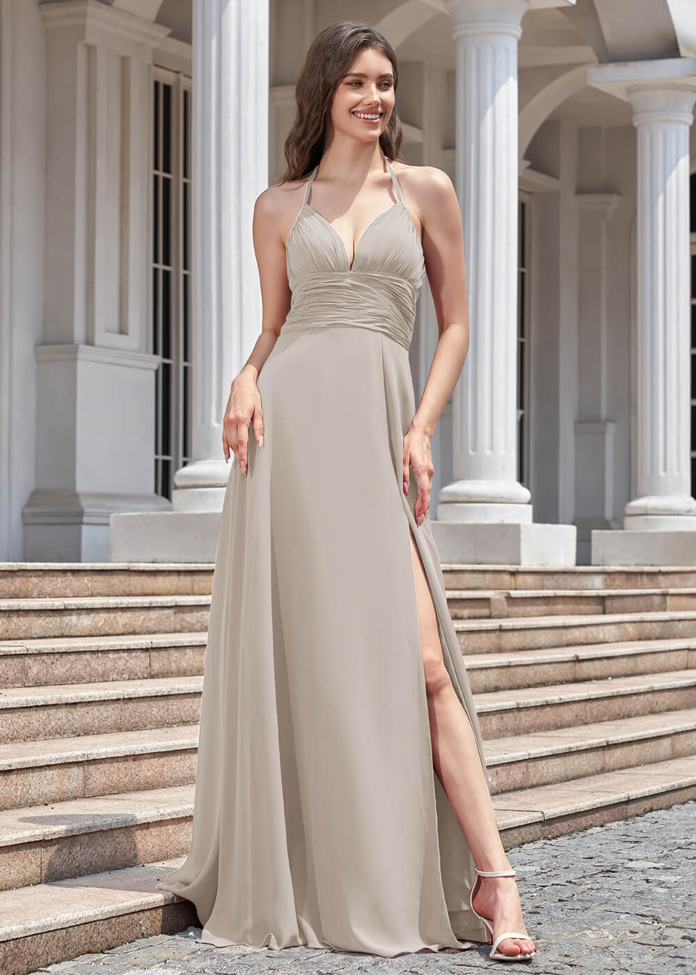 Deep V Halter Neck Pleated A-line Chiffon Long Bridesmaid Dress