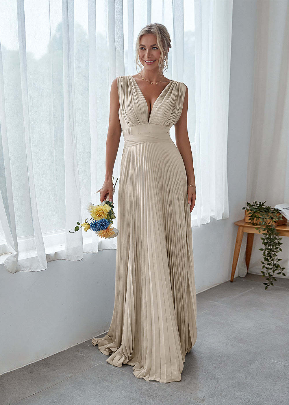 V Back Pleated Bridesmaid Dress