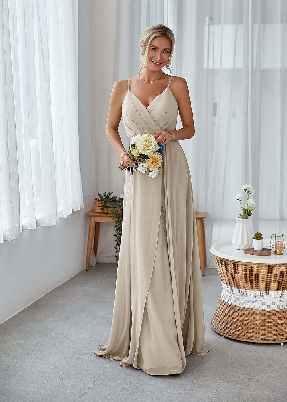 A-line Sleeveless Long Chiffon Bridesmaid Dress