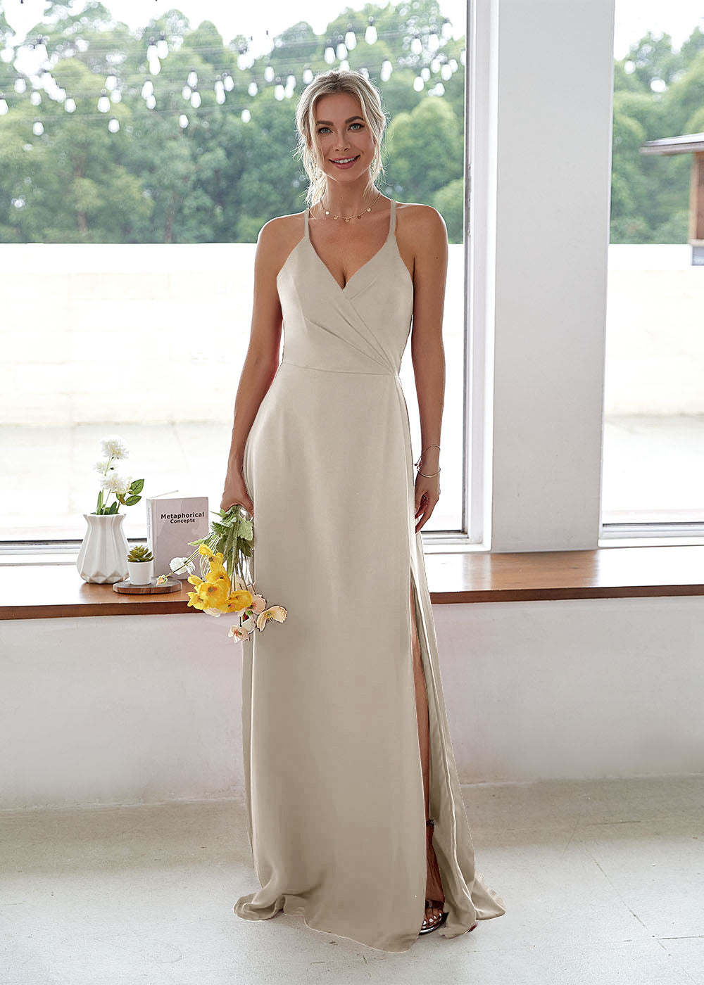 V-neck High Slit Bridesmaid Dress