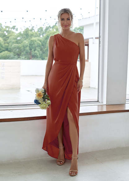 Chiffon One-Shoulder Long Asymmetrical Tulip Bridesmaid Dress