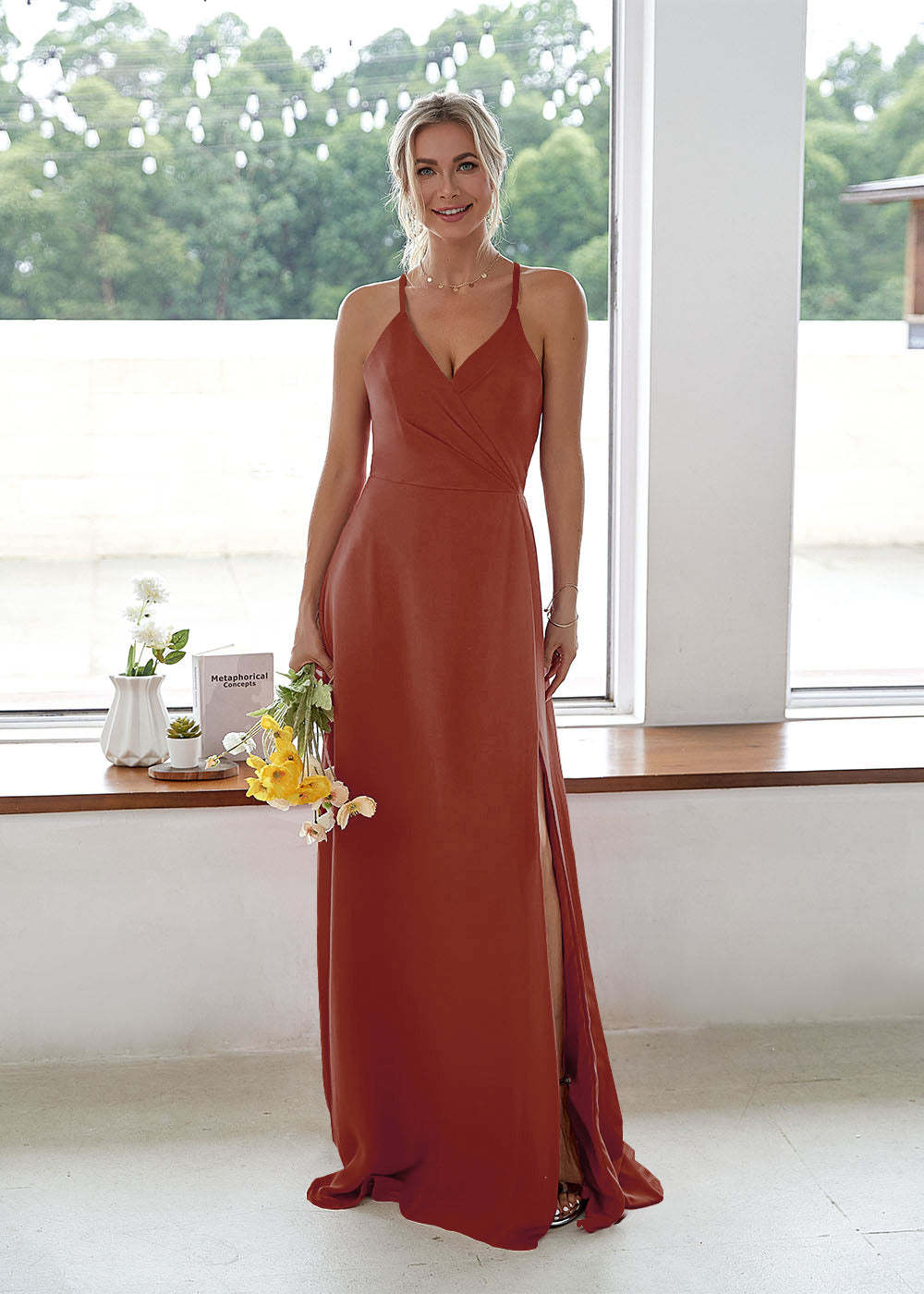 V-neck High Slit Bridesmaid Dress