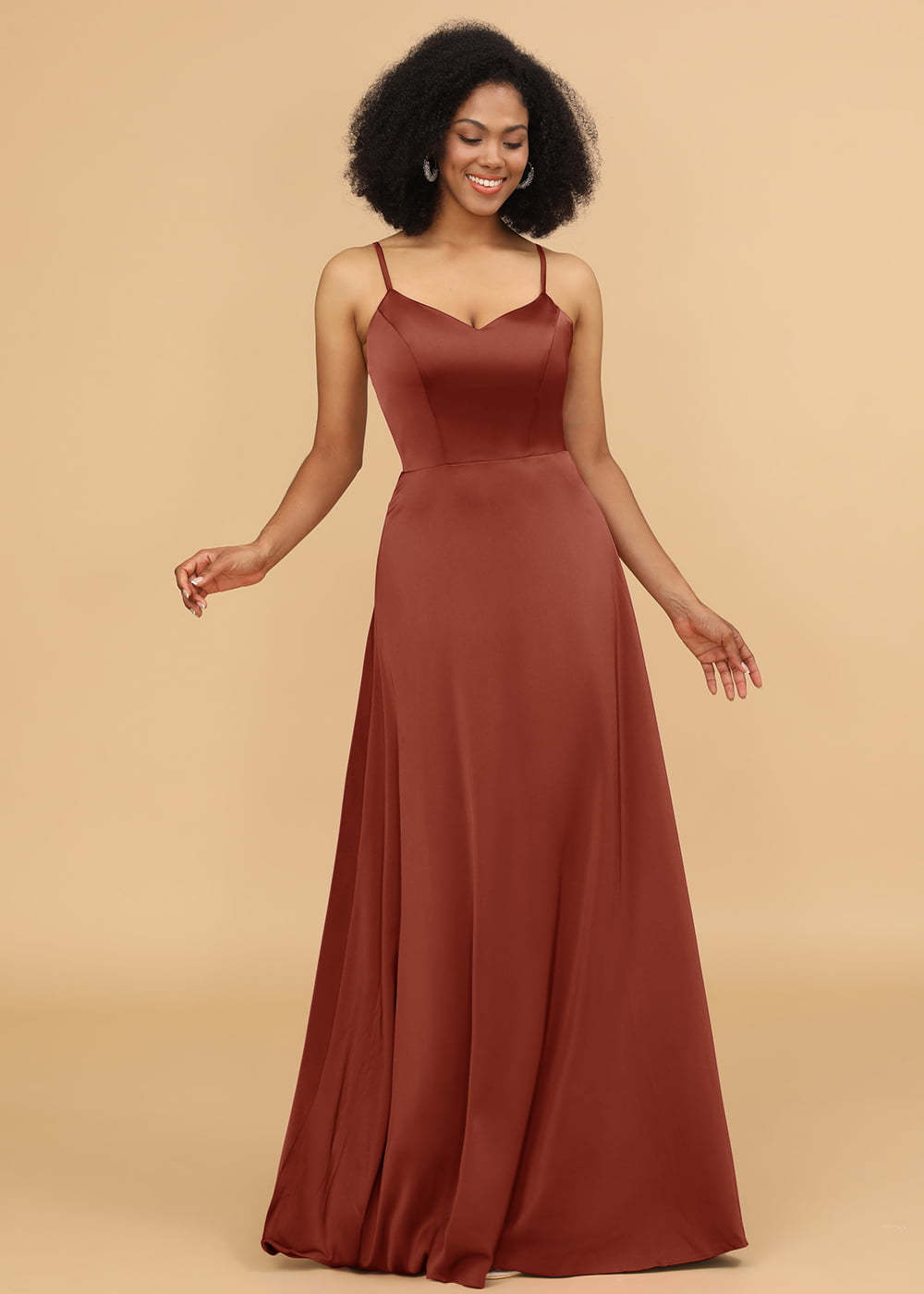 Satin V-neck Spaghetti Strap Bridesmaid Dress
