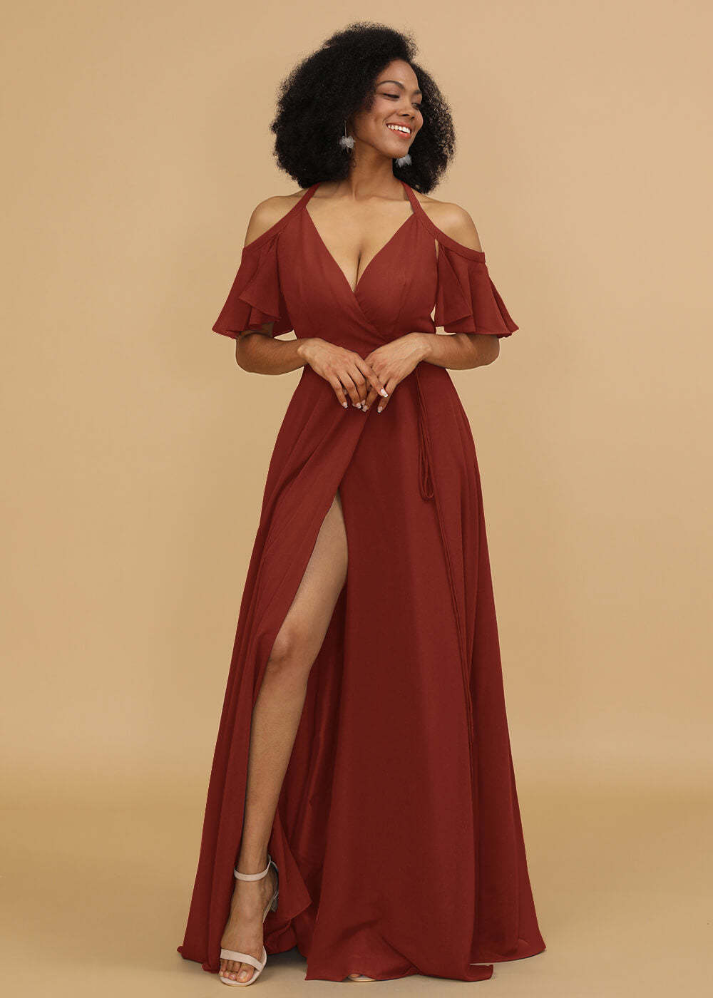 Ruffles Sleeves A-line Wrap Bridesmaid Dress