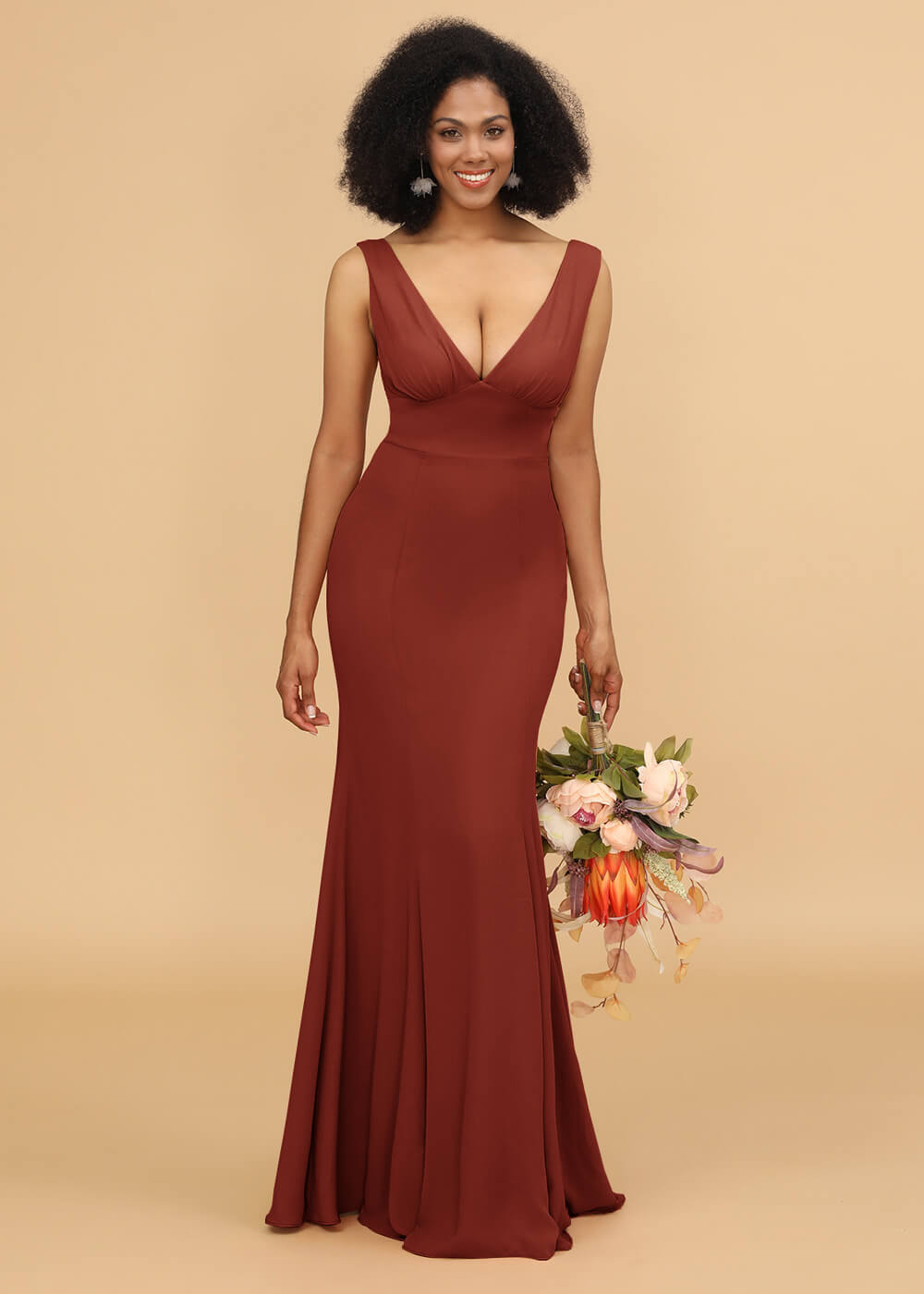 V-neck Trumpet Long Bridesmaid Dress