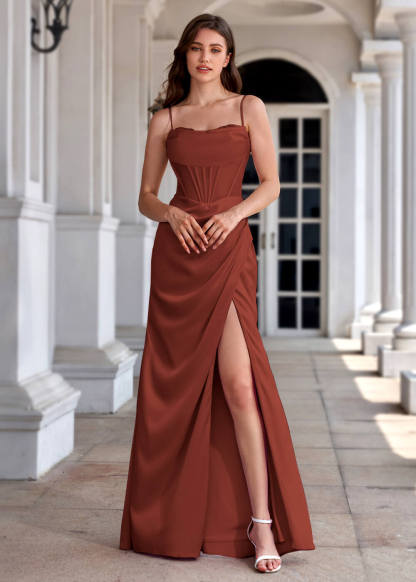 Spaghetti Strap Corset Crepe Sheath Floor Length Bridesmaid Dress