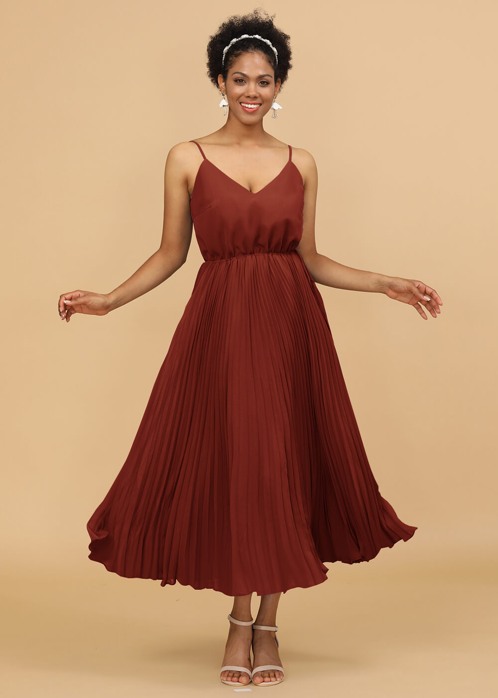 V-neck Spaghetti Strap Tea Length Bridesmaid Dress