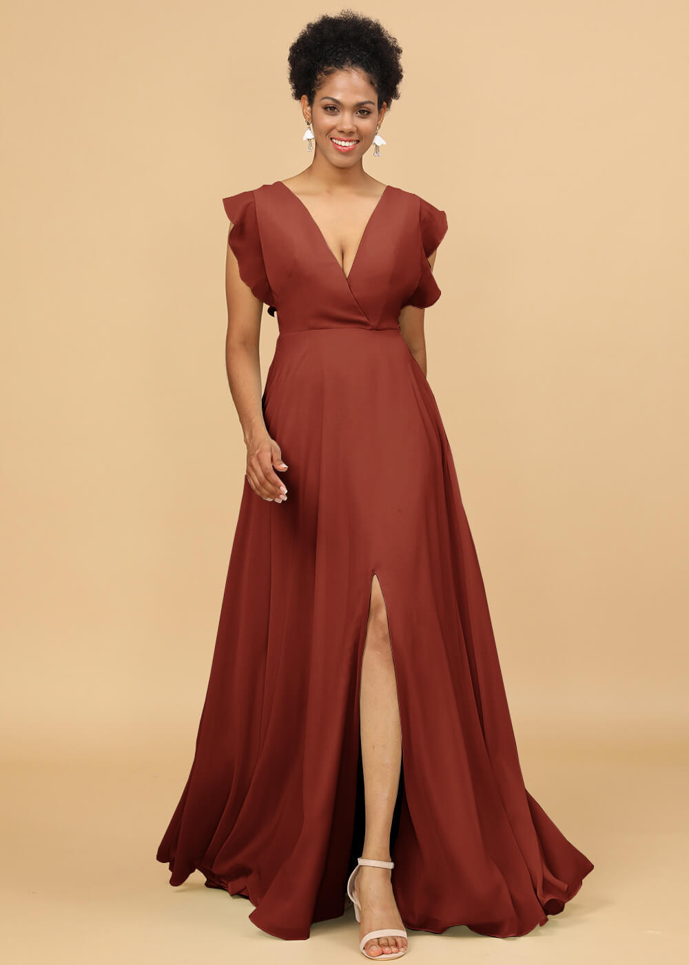 V-neck Ruffles Cap Sleeve Chiffon Bridesmaid Dress