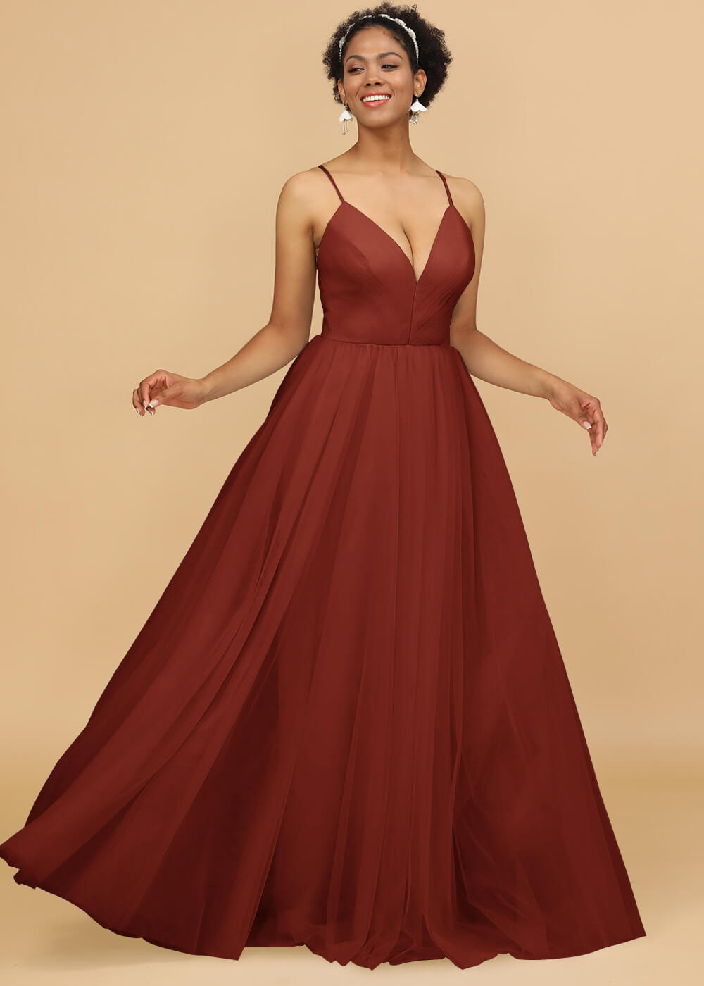 Deep V-neck Strap Tulle Bridesmaid Dress