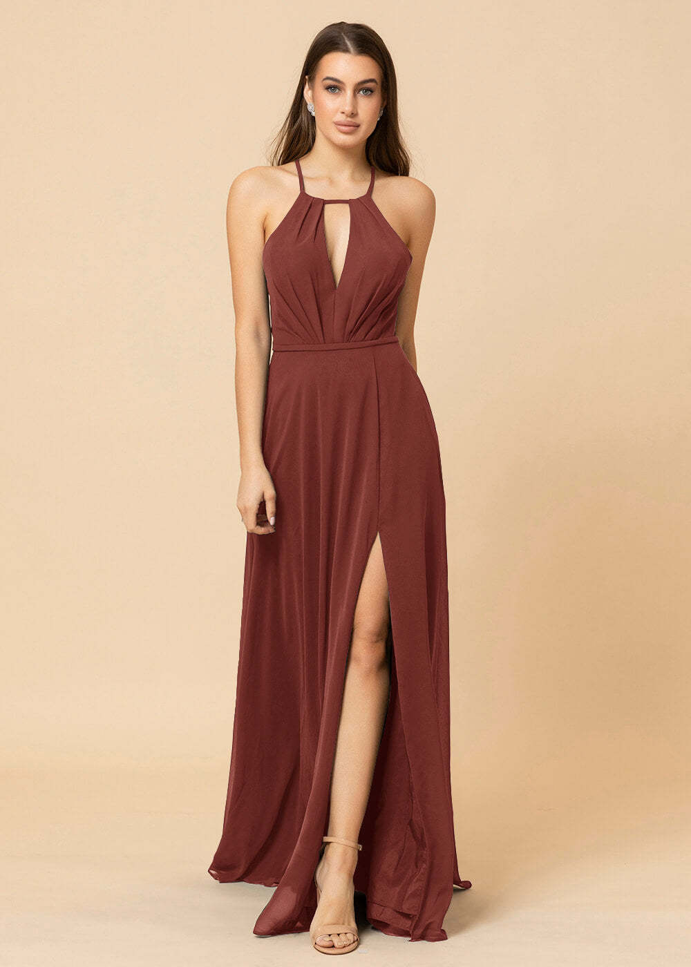 Halter Neck Chiffon Floor Length Bridesmaid Dress
