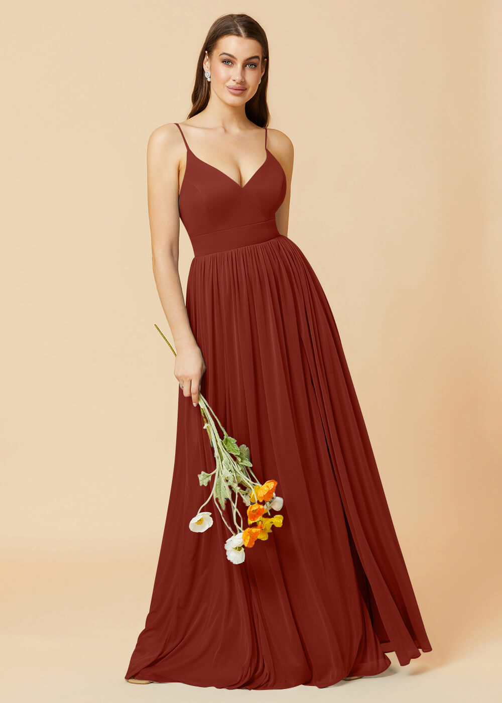 V-neck Spaghetti Strap Open Back Chiffon Bridesmaid Dress