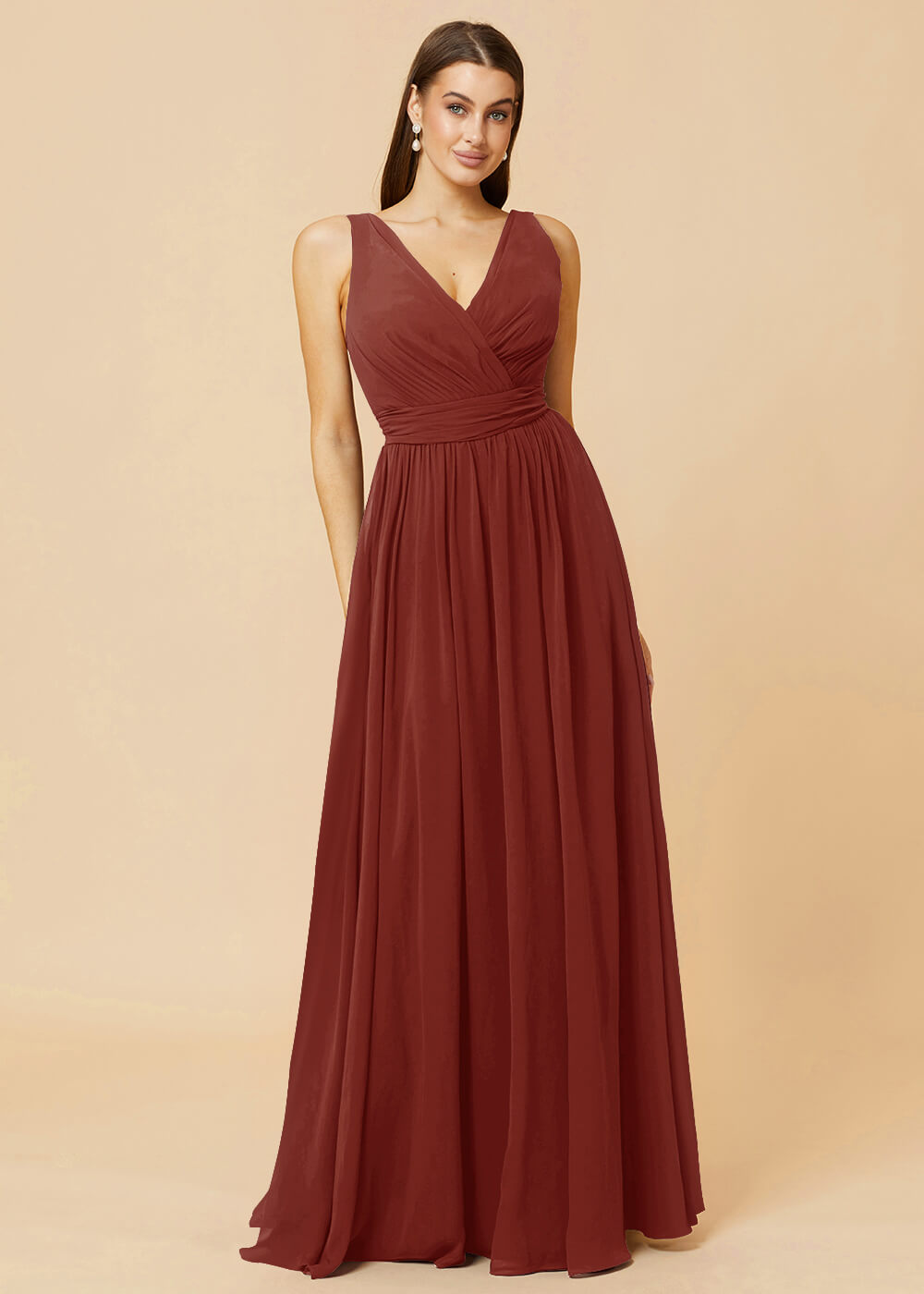 V-neck Pleated Tie Back Chiffon Bridesmaid Dress