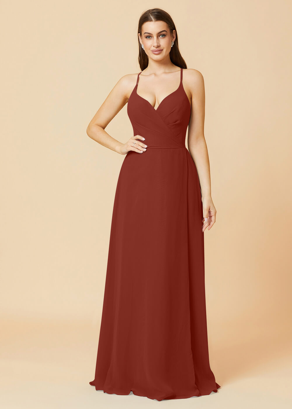 V-neck Spaghetti Strap Button Back Chiffon Bridesmaid Dress