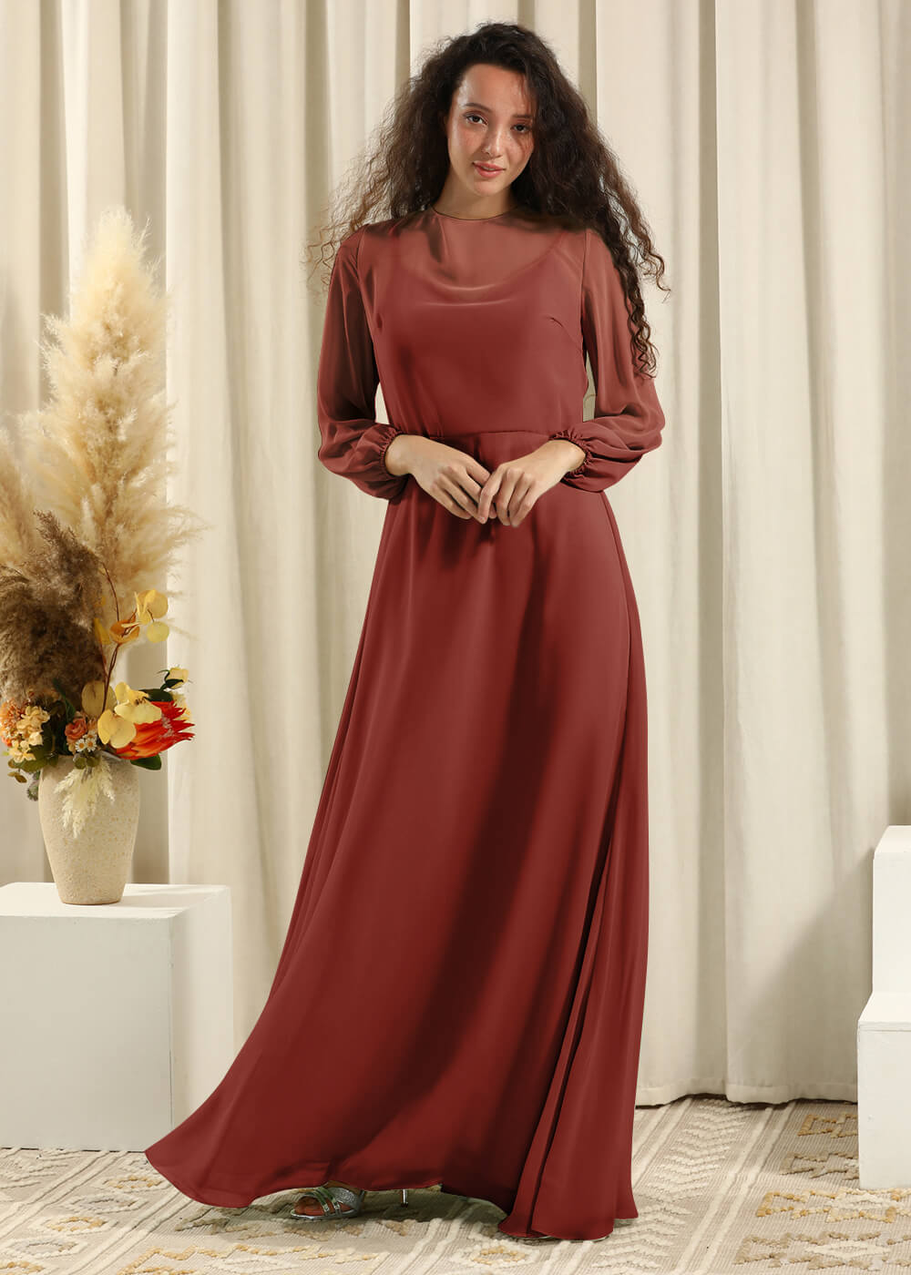 Long Sleeve A-line Chiffon Keyhole Back Bridesmaid Dress