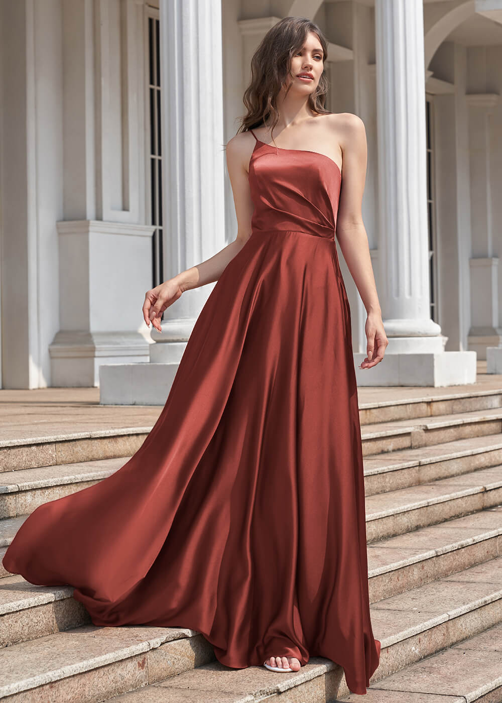 A-line Long One Shoulder Pleated Satin Bridesmaid Dress