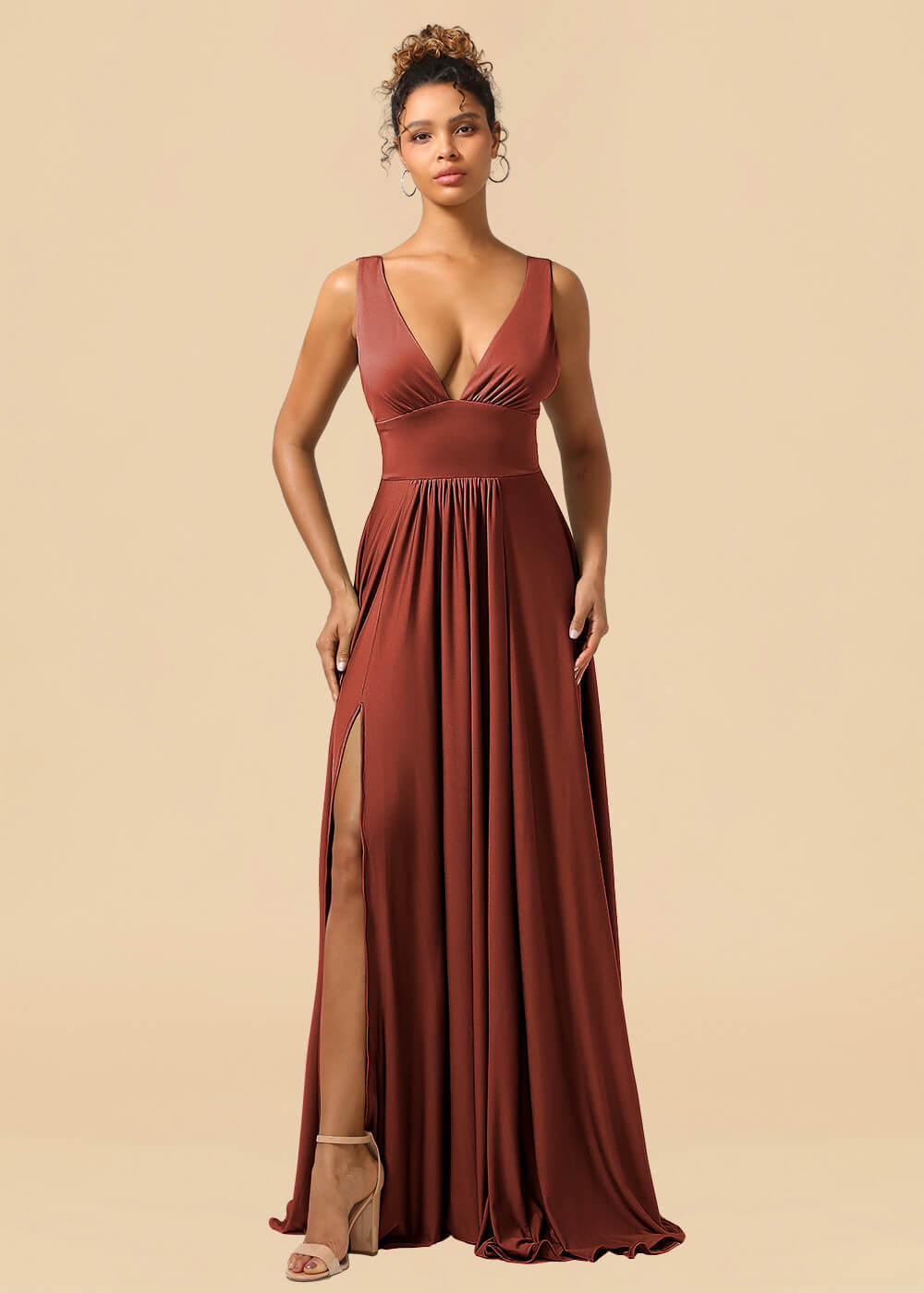 Deep V-neck Spandex A-line Maxi Bridesmaid Dress with Slit